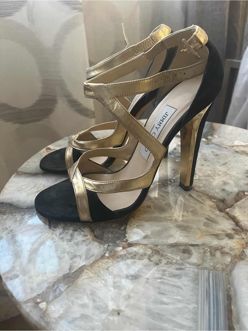 Jimmy Choo Black and Gold Metallic Strappy High Heels shoes 37